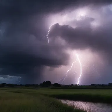 The thunderstorm raged outside, with rain pouring and lightning flashing noisily, adding to the suspense of the scene in the novel.