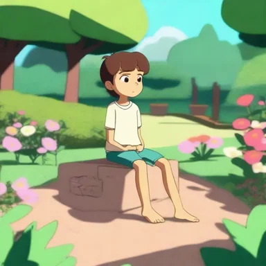 In the animated show, the character finds a moment of repose in a tranquil garden, away from the chaos of their daily life.
