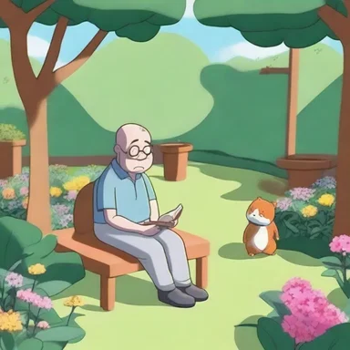 In the animated show, the character finds a moment of repose in a tranquil garden, away from the chaos of their daily life.