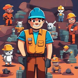 Generate a Disney-style illustration of a friendly-looking pit mine worker in a vibrant uniform, surrounded by anthropomorphic mining equipment taking the form of adorable, character-like entities.