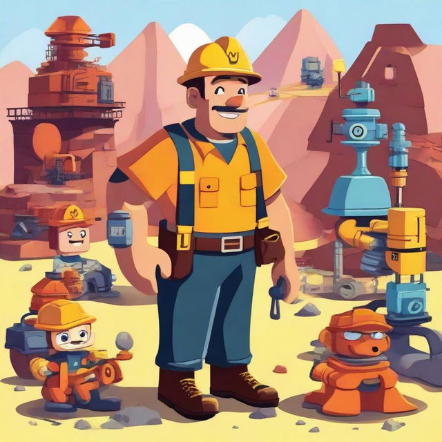 Generate a Disney-style illustration of a friendly-looking pit mine worker in a vibrant uniform, surrounded by anthropomorphic mining equipment taking the form of adorable, character-like entities.