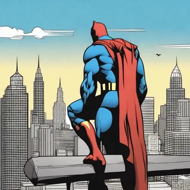 The superhero would often repose on the rooftop of a skyscraper, gazing at the city skyline in the comics.