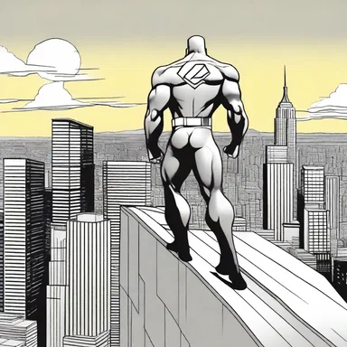 The superhero would often repose on the rooftop of a skyscraper, gazing at the city skyline in the comics.