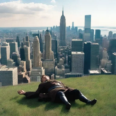 The final scene of the movie showed the fallen hero repose on a grassy hill overlooking the city skyline.