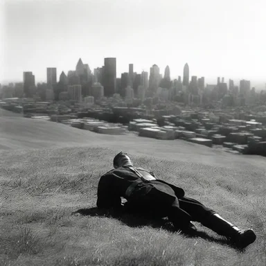 The final scene of the movie showed the fallen hero repose on a grassy hill overlooking the city skyline.