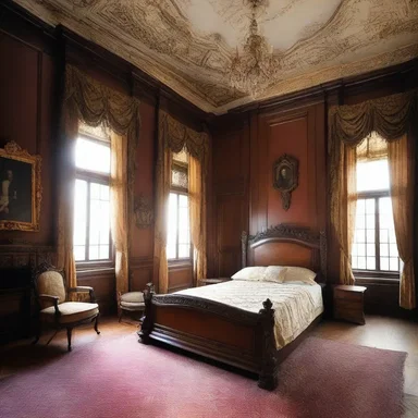 The grand bedroom of the mansion had a luxurious bed where the deceased owner would repose eternally in his final rest.