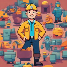 Generate a Disney-style illustration of a friendly-looking pit mine worker in a vibrant uniform, surrounded by anthropomorphic mining equipment taking the form of adorable, character-like entities.