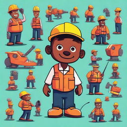 Generate a Disney-style illustration of a friendly-looking pit mine worker in a vibrant uniform, surrounded by anthropomorphic mining equipment taking the form of adorable, character-like entities.