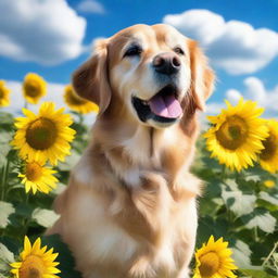 A beautiful golden retriever playing in a field of sunflowers under a blue sky with fluffy white clouds.