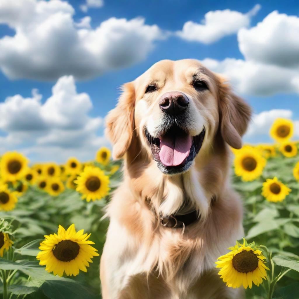 A beautiful golden retriever playing in a field of sunflowers under a blue sky with fluffy white clouds.