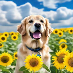 A beautiful golden retriever playing in a field of sunflowers under a blue sky with fluffy white clouds.