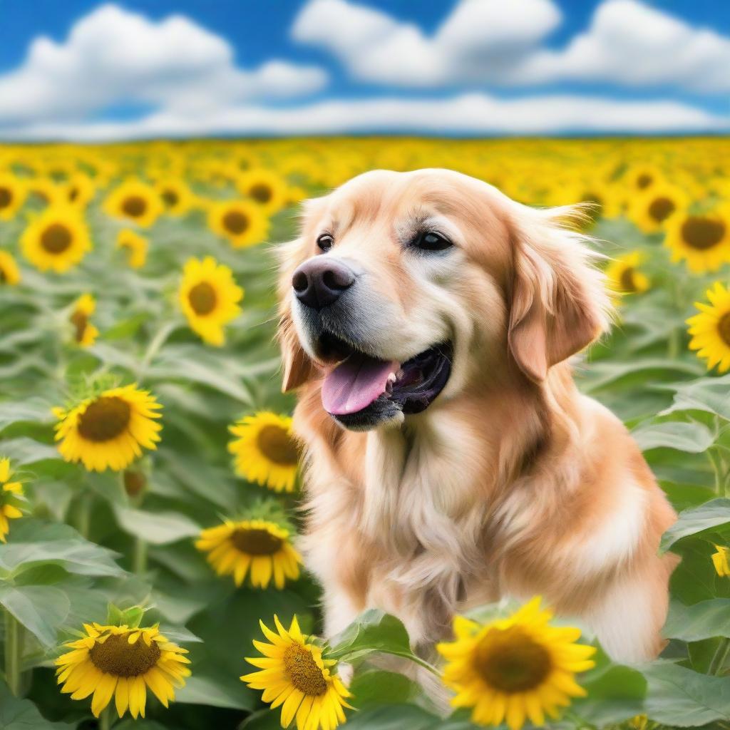 A beautiful golden retriever playing in a field of sunflowers under a blue sky with fluffy white clouds.