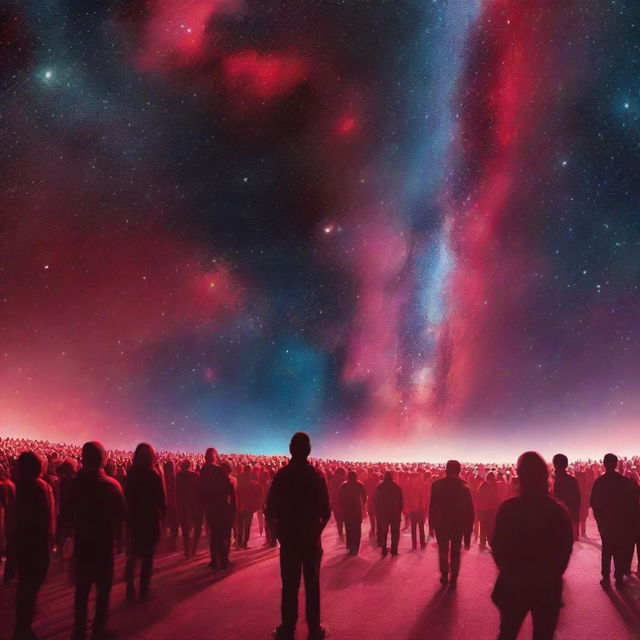 Vibrant voyage through interstellar space towards the Milky Way galaxy, exhibiting intense shades of red. Foreground adorned with a bustling crowd symbolizing the future of human exploration.