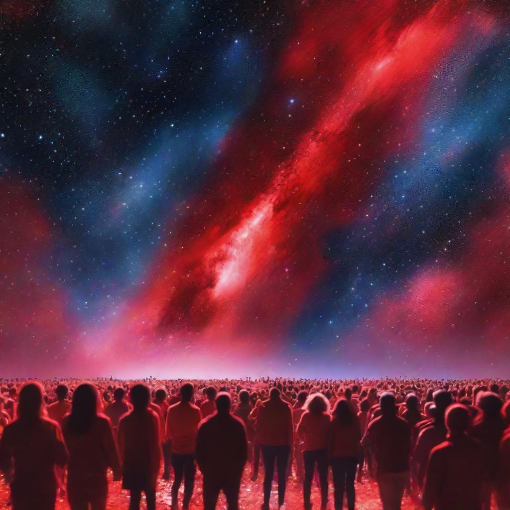 Vibrant voyage through interstellar space towards the Milky Way galaxy, exhibiting intense shades of red. Foreground adorned with a bustling crowd symbolizing the future of human exploration.