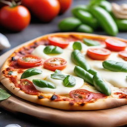 A rustic pizza topped with fresh mozzarella, ripe tomatoes, and fresh basil, resting on a wooden pizza peel with a blurred warm, inviting pizzeria background.