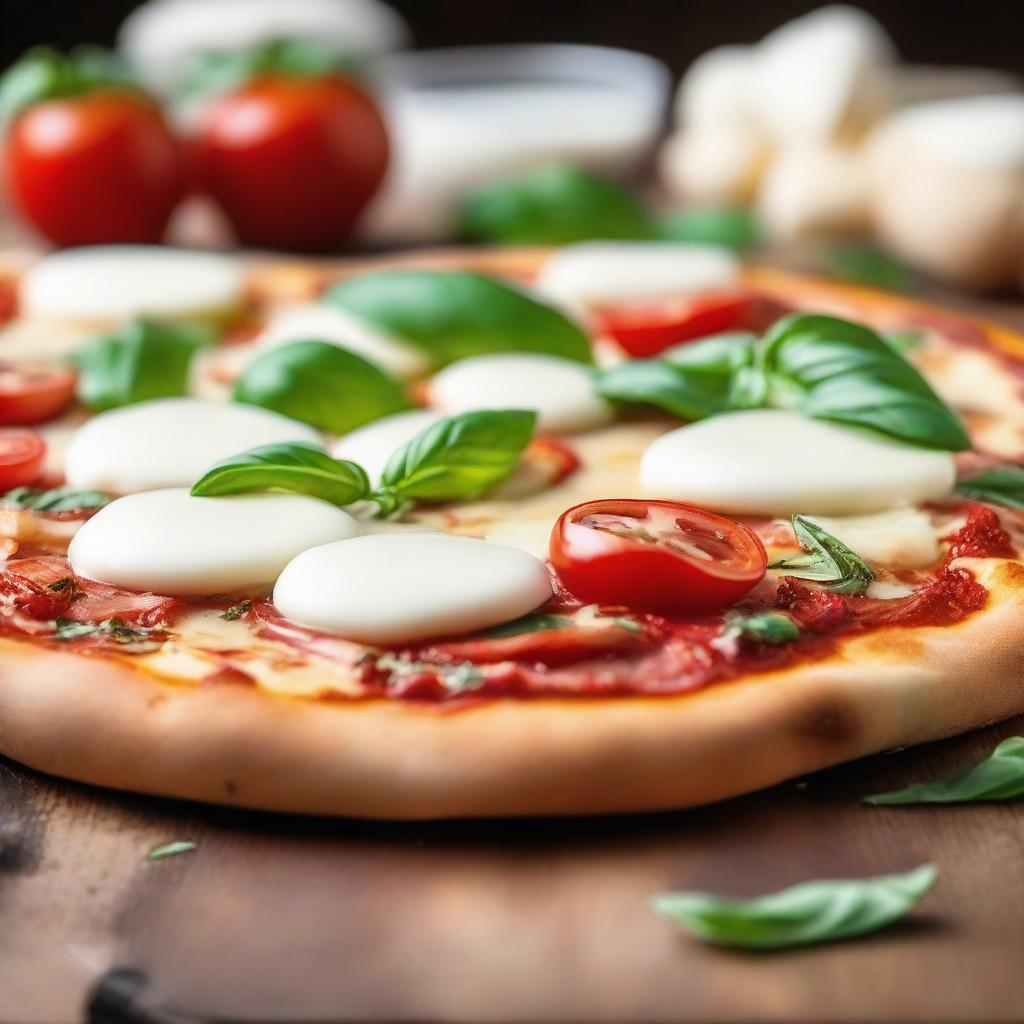 A rustic pizza topped with fresh mozzarella, ripe tomatoes, and fresh basil, resting on a wooden pizza peel with a blurred warm, inviting pizzeria background.