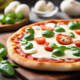 A rustic pizza topped with fresh mozzarella, ripe tomatoes, and fresh basil, resting on a wooden pizza peel with a blurred warm, inviting pizzeria background.