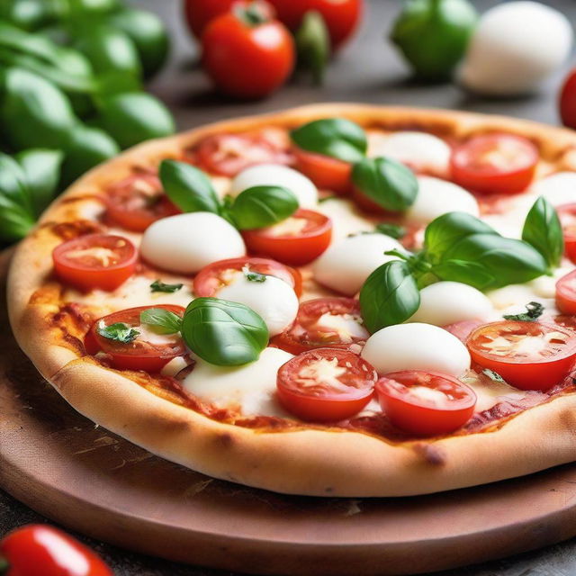 A rustic pizza topped with fresh mozzarella, ripe tomatoes, and fresh basil, resting on a wooden pizza peel with a blurred warm, inviting pizzeria background.