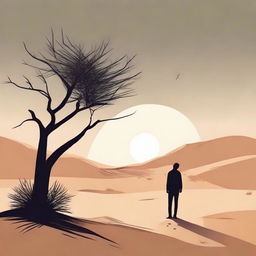 A symbolic illustration showing a person standing alone in a serene desert landscape, representing solitude and longing for a missing companion.