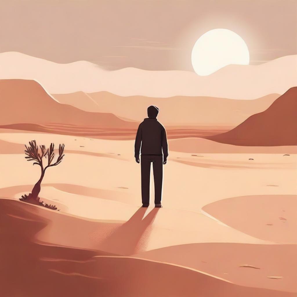 A symbolic illustration showing a person standing alone in a serene desert landscape, representing solitude and longing for a missing companion.