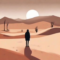 A symbolic illustration showing a person standing alone in a serene desert landscape, representing solitude and longing for a missing companion.