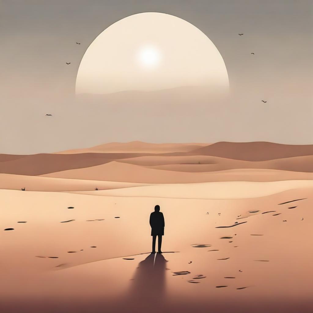 A symbolic illustration showing a person standing alone in a serene desert landscape, representing solitude and longing for a missing companion.