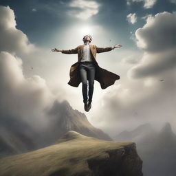 A metaphorical depiction of a person continually rising after falling, symbolizing resilience and determination, set in a backdrop of a surreal landscape.