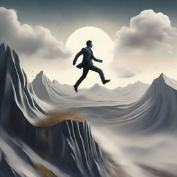 A metaphorical depiction of a person continually rising after falling, symbolizing resilience and determination, set in a backdrop of a surreal landscape.