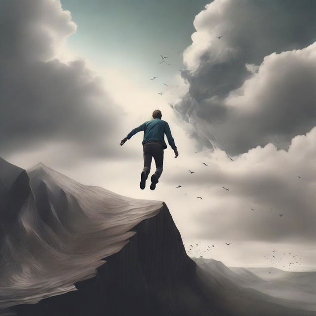 A metaphorical depiction of a person continually rising after falling, symbolizing resilience and determination, set in a backdrop of a surreal landscape.