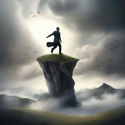 A metaphorical depiction of a person continually rising after falling, symbolizing resilience and determination, set in a backdrop of a surreal landscape.