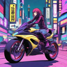 Biomechanical woman astride a high-speed sports bike, darting through the neon-lit streets of Neo-Tokyo at night.