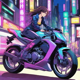 Biomechanical woman astride a high-speed sports bike, darting through the neon-lit streets of Neo-Tokyo at night.