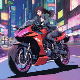 Biomechanical woman astride a high-speed sports bike, darting through the neon-lit streets of Neo-Tokyo at night.