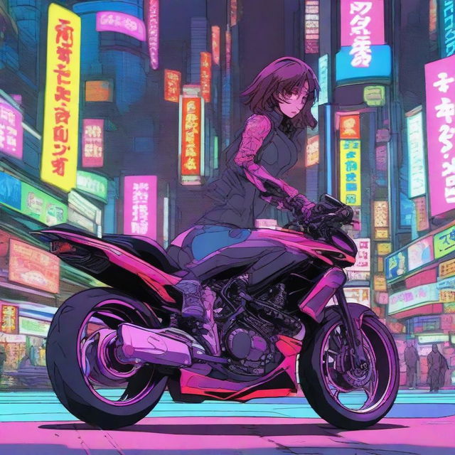 Biomechanical woman astride a high-speed sports bike, darting through the neon-lit streets of Neo-Tokyo at night.