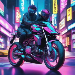 Biomechanical boys riding on a high-tech, futuristic sport bike through neon-lit, bustling streets of Neo-Tokyo.