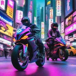 Biomechanical boys riding on a high-tech, futuristic sport bike through neon-lit, bustling streets of Neo-Tokyo.