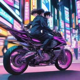 Biomechanical boys riding on a high-tech, futuristic sport bike through neon-lit, bustling streets of Neo-Tokyo.