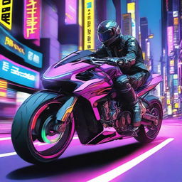 Biomechanical boys riding on a high-tech, futuristic sport bike through neon-lit, bustling streets of Neo-Tokyo.