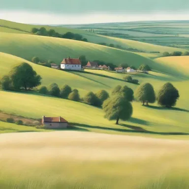 The author beautifully described the serene countryside with its gently rolling hills and mown meadows, setting an idyllic scene in the novel.