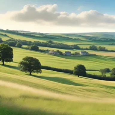 The author beautifully described the serene countryside with its gently rolling hills and mown meadows, setting an idyllic scene in the novel.