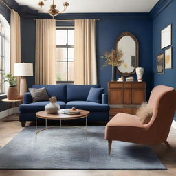 Design a living room that matches the previously created mood board, implementing a blend of contemporary and maximalist themes in colors of night blue, beige, and brownstone, complete with furniture and accessories.