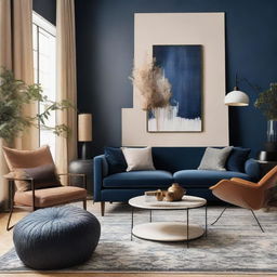 Design a living room that matches the previously created mood board, implementing a blend of contemporary and maximalist themes in colors of night blue, beige, and brownstone, complete with furniture and accessories.