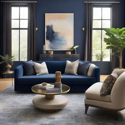 Design a living room that matches the previously created mood board, implementing a blend of contemporary and maximalist themes in colors of night blue, beige, and brownstone, complete with furniture and accessories.