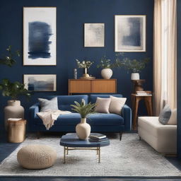 Design a living room that matches the previously created mood board, implementing a blend of contemporary and maximalist themes in colors of night blue, beige, and brownstone, complete with furniture and accessories.