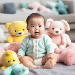 A cute, cheerful baby in an adorable cozy atmosphere filled with soft toys.