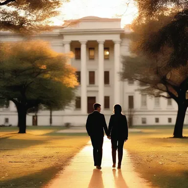 During their romantic date, Alex and Sarah strolled through the park and happened upon the executive department building, bathed in the warm glow of sunset.