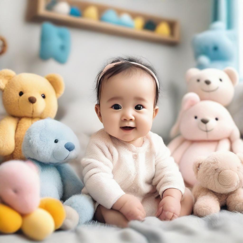 A cute, cheerful baby in an adorable cozy atmosphere filled with soft toys.