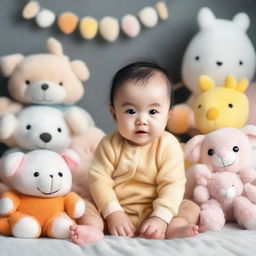 A cute, cheerful baby in an adorable cozy atmosphere filled with soft toys.