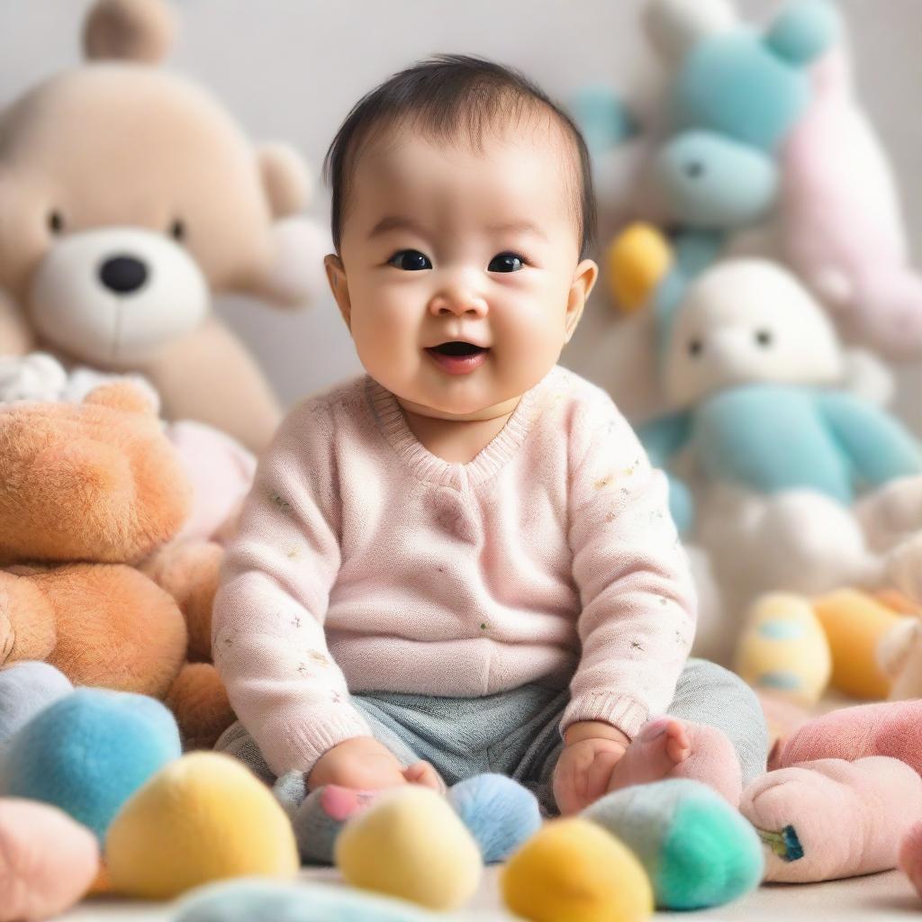 A cute, cheerful baby in an adorable cozy atmosphere filled with soft toys.