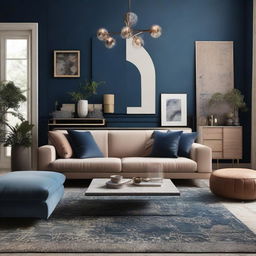 Design a living room in alignment with the provided mood board, introducing a balanced blend of contemporary and maximalist themes in shades of night blue, beige and brownstone, complete with suitable furniture arrangements and illuminating accessories.